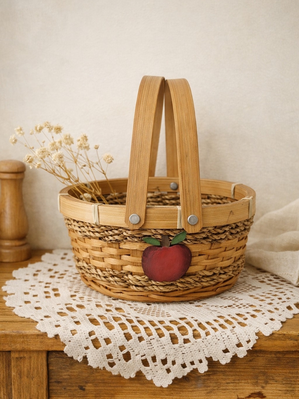 Vintage Woven Basket with Apple Accent